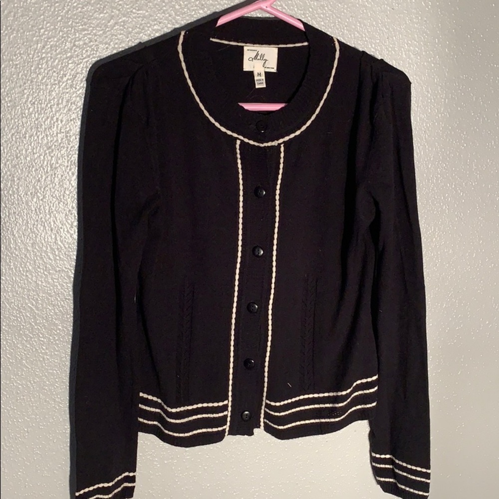 Black Milly cardigan with white detail.